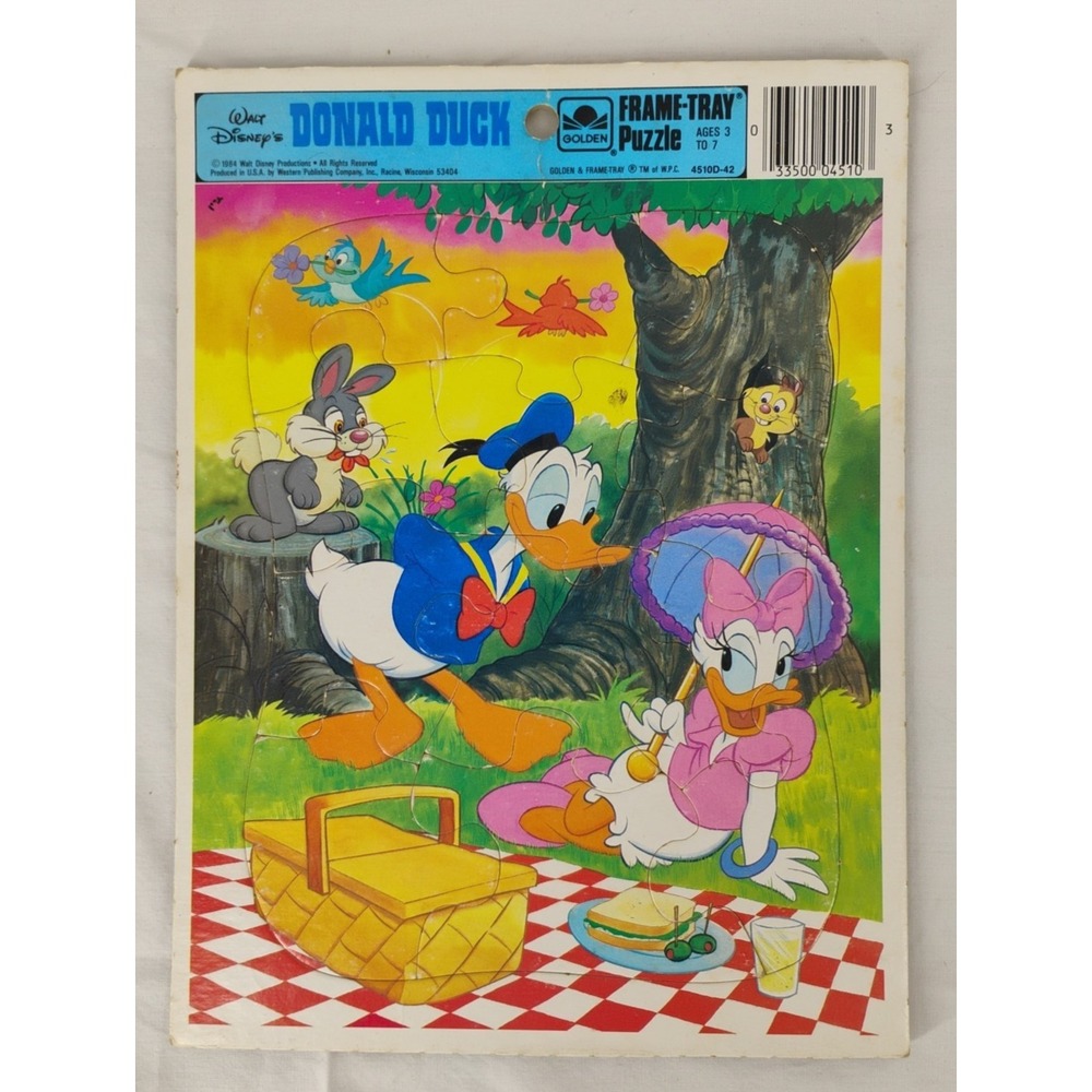 Walt Disney Vintage 1984 Donald Duck & Daisy Golden Frame Tray Puzzle